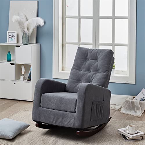 Ucloveria Rocking Chair Mid-Century Modern Nursery Rocking Armchair Upholstered Tall Back Accent Glider Rocker for Living Room Grey