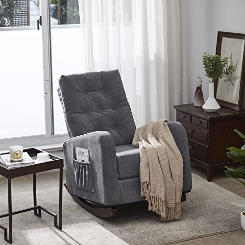 Ucloveria Rocking Chair Mid-Century Modern Nursery Rocking Armchair Upholstered Tall Back Accent Glider Rocker for Living Room Grey