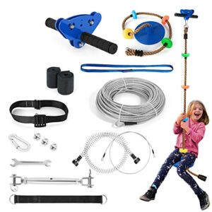 joyldias 100ft zipline kits for backyard with climbing swing rope and seat, zip lines for kids and adults with spring brake, safety belt zip line for kids outdoor playground games