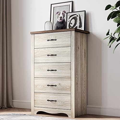 LINSY HOME 5 Drawer Chest, White Dresser for Bedroom, Dresser Organizer, Tall Dresser Wood Chest of Drawer for Nursery Kids Room Organizer with Anti-Tipping Device