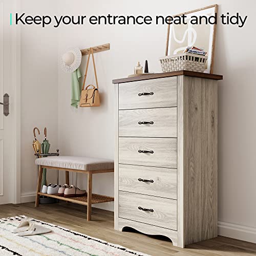 LINSY HOME 5 Drawer Chest, White Dresser for Bedroom, Dresser Organizer, Tall Dresser Wood Chest of Drawer for Nursery Kids Room Organizer with Anti-Tipping Device