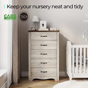 LINSY HOME 5 Drawer Chest, White Dresser for Bedroom, Dresser Organizer, Tall Dresser Wood Chest of Drawer for Nursery Kids Room Organizer with Anti-Tipping Device
