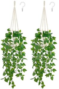 mkono 2 packs fake hanging plant with pot, artificial plants for home decor indoor macrame plant hanger with fake vines faux hanging planter greenery for bedroom bathroom office decor, ivory (pothos)