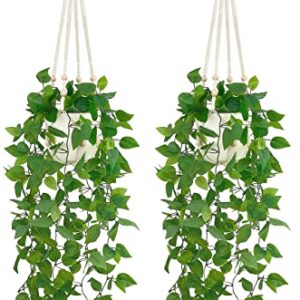 Mkono 2 Packs Fake Hanging Plant with Pot, Artificial Plants for Home Decor Indoor Macrame Plant Hanger with Fake Vines Faux Hanging Planter Greenery for Bedroom Bathroom Office Decor, Ivory (Pothos)