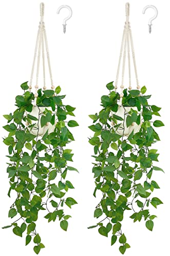 Mkono 2 Packs Fake Hanging Plant with Pot, Artificial Plants for Home Decor Indoor Macrame Plant Hanger with Fake Vines Faux Hanging Planter Greenery for Bedroom Bathroom Office Decor, Ivory (Pothos)