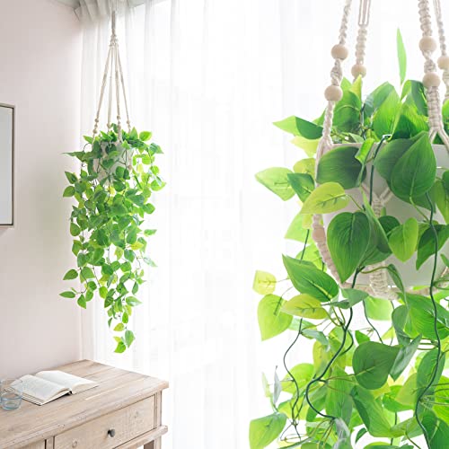 Mkono 2 Packs Fake Hanging Plant with Pot, Artificial Plants for Home Decor Indoor Macrame Plant Hanger with Fake Vines Faux Hanging Planter Greenery for Bedroom Bathroom Office Decor, Ivory (Pothos)