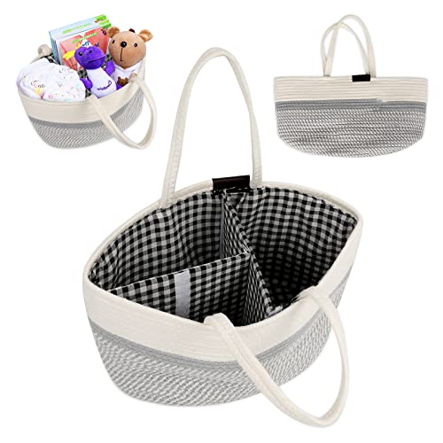 G.a HOMEFAVOR Baby Diaper Caddy Organizer - Extra Large Nappy Caddy Rope Nursery Storage Bin - Large Diaper Basket, 3 Compartments and 2 Removable Dividers, Grey