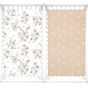 CARUILI Baby Girl Crib Sheets 2 Pack, Fitted Crib Sheet Girl for Standard Crib and Toddler Bed Mattress, Soft Breathable Jersey Cotton Toddler Bed Sheet Set, Vintage Floral & Butterfly