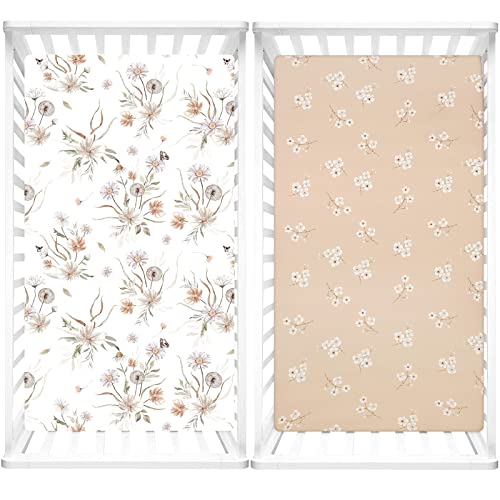 CARUILI Baby Girl Crib Sheets 2 Pack, Fitted Crib Sheet Girl for Standard Crib and Toddler Bed Mattress, Soft Breathable Jersey Cotton Toddler Bed Sheet Set, Vintage Floral & Butterfly