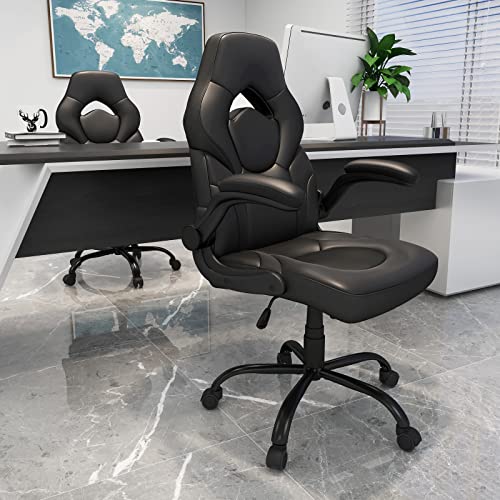 Home Office Chair, Ergonomic Computer Chairs with Flip-up Armrests, PU Leather Swivel Rolling Task Desk Chair, High Back Managerial Executive Chairs, Black…