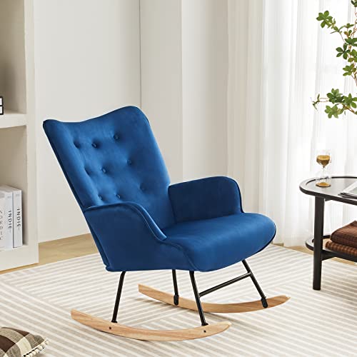 RichFire Rocking Chair, Nursery Rocking Chair with Linen Fabric, Nursery Glider Rocker Armchair for Baby Room, Comfy Glider Rocker Chair with Safe Solid Wood for Living Room Bedroom Balcony (Blue)