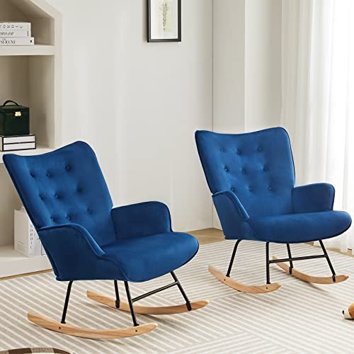 RichFire Rocking Chair, Nursery Rocking Chair with Linen Fabric, Nursery Glider Rocker Armchair for Baby Room, Comfy Glider Rocker Chair with Safe Solid Wood for Living Room Bedroom Balcony (Blue)