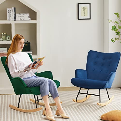 RichFire Rocking Chair, Nursery Rocking Chair with Linen Fabric, Nursery Glider Rocker Armchair for Baby Room, Comfy Glider Rocker Chair with Safe Solid Wood for Living Room Bedroom Balcony (Blue)