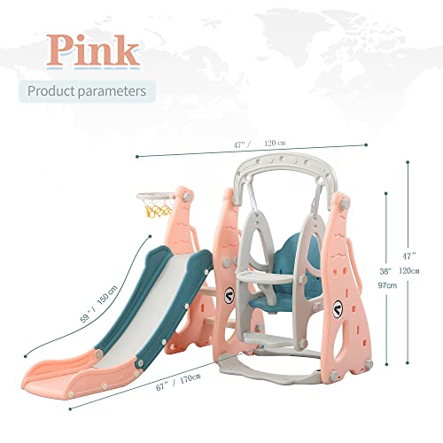 Toddler Slide and Swing Set 4 in 1 Toddler Playground with Swing Slide Climber and Basketball Baby Slide for Boys and Girls Backyard Playsets for Kids Indoor and Outdoor(Pink)