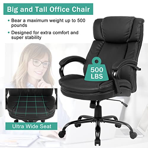 500lbs Big and Tall Office Chair Ergonomic Wide Seat Desk Chair with Head Lumbar Support Armrest, Heavy Duty Adjustable Rolling Swivel Computer Chair 49.3" H High Back PU Leather Executive Task Chair