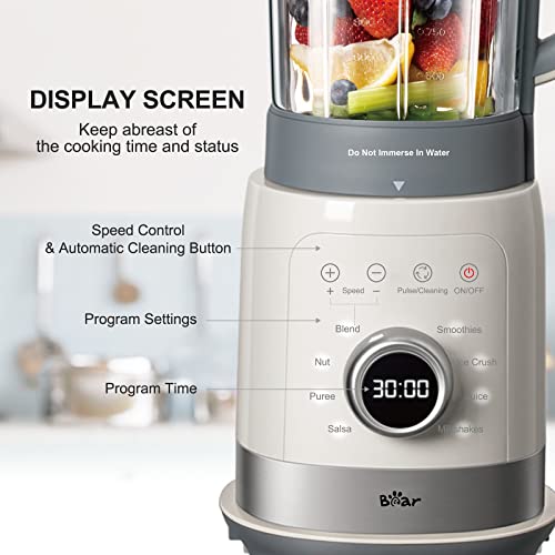 Bear Blender, 1500 Peak Watts Professional Countertop Blender for Kitchen, Blender for Shakes and Smoothies with 51 Oz Glass Jar,Auto-Programs Functions with LED display for Ice Crush, Smoothies, Milkshakes and Autonomous Clean