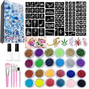 temporary glitter tattoo kit for kids, 24 glitter colors,187 unique stencils, 2 glue, 5 brushes, adults & kids arts glitter make up kit, gifts for girls boys birthday party festival children's day