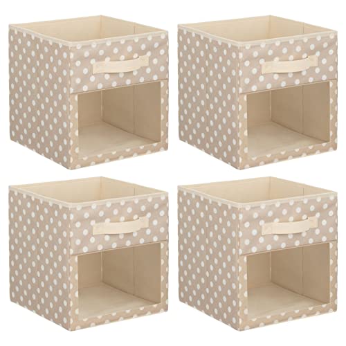 mDesign Fabric Nursery/Playroom Closet Storage Organizer Bin Box, Front Handle/Window for Cube Furniture Shelving Unit, Hold Toys, Clothes, Diapers, Bibs, 4 Pack, Cream/White Polka Dot