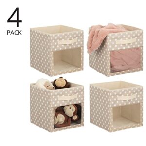 mDesign Fabric Nursery/Playroom Closet Storage Organizer Bin Box, Front Handle/Window for Cube Furniture Shelving Unit, Hold Toys, Clothes, Diapers, Bibs, 4 Pack, Cream/White Polka Dot