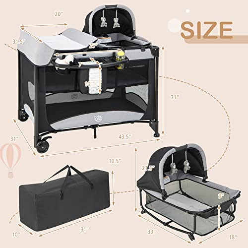 BABY JOY 4 in 1 Pack and Play, Portable Baby Playard with Bassinet & Diaper Changing Table, Infant Bassinet Baby Crib Activity Center with Toys & Oxford Bag from Newborn to Toddlers (Dark, Classic)