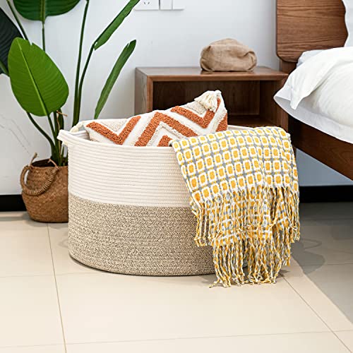 Santasup Large Cotton Rope Basket, Woven Laundry Blanket Basket with Handle, Decorative Storage Collapsible Laundry Hamper for Nursery Baby Toy Clothes Basket 21.7 Inch Brown White