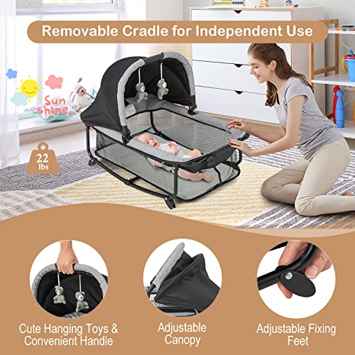 BABY JOY 4 in 1 Pack and Play, Portable Baby Playard with Bassinet & Diaper Changing Table, Infant Bassinet Baby Crib Activity Center with Toys & Oxford Bag from Newborn to Toddlers (Dark, Classic)