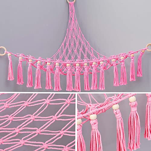 Stuffed Animal Net or Hammock with LED Light,(Large Size) Boho Handmade Cute Stuffed Animals Storage with Hooks for Hanging,Toy Storage Organizer for Kids Bedroom (Pink)