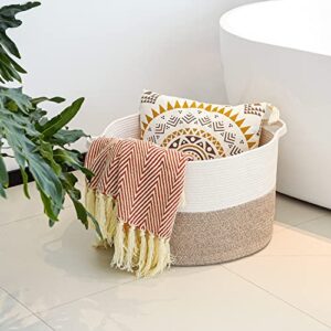 Santasup Large Cotton Rope Basket, Woven Laundry Blanket Basket with Handle, Decorative Storage Collapsible Laundry Hamper for Nursery Baby Toy Clothes Basket 21.7 Inch Brown White