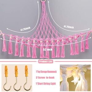 Stuffed Animal Net or Hammock with LED Light,(Large Size) Boho Handmade Cute Stuffed Animals Storage with Hooks for Hanging,Toy Storage Organizer for Kids Bedroom (Pink)