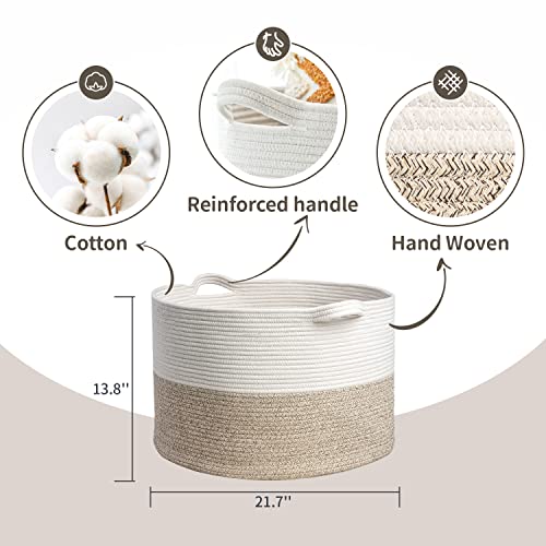 Santasup Large Cotton Rope Basket, Woven Laundry Blanket Basket with Handle, Decorative Storage Collapsible Laundry Hamper for Nursery Baby Toy Clothes Basket 21.7 Inch Brown White