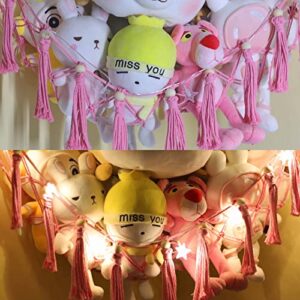 Stuffed Animal Net or Hammock with LED Light,(Large Size) Boho Handmade Cute Stuffed Animals Storage with Hooks for Hanging,Toy Storage Organizer for Kids Bedroom (Pink)