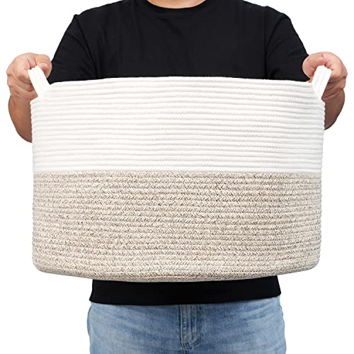 Santasup Large Cotton Rope Basket, Woven Laundry Blanket Basket with Handle, Decorative Storage Collapsible Laundry Hamper for Nursery Baby Toy Clothes Basket 21.7 Inch Brown White