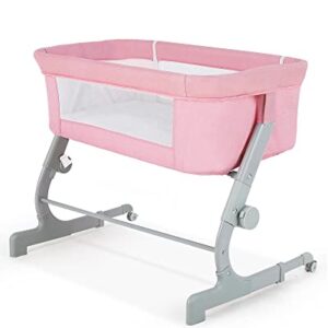 BAHOM Bassinet Bedside Sleeper, 2-in-1 Bedside Bassinet for Baby, Adjustable Height with Portable Infant Nest for Newborns, Mesh Walls Crib Bassinets (Pink)