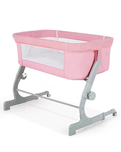 BAHOM Bassinet Bedside Sleeper, 2-in-1 Bedside Bassinet for Baby, Adjustable Height with Portable Infant Nest for Newborns, Mesh Walls Crib Bassinets (Pink)