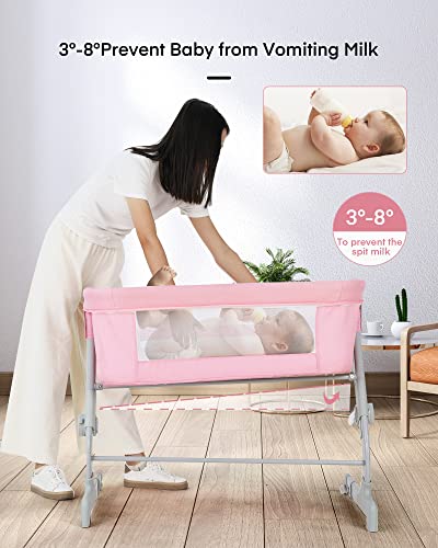 BAHOM Bassinet Bedside Sleeper, 2-in-1 Bedside Bassinet for Baby, Adjustable Height with Portable Infant Nest for Newborns, Mesh Walls Crib Bassinets (Pink)