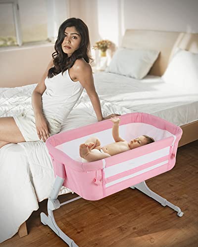 BAHOM Bassinet Bedside Sleeper, 2-in-1 Bedside Bassinet for Baby, Adjustable Height with Portable Infant Nest for Newborns, Mesh Walls Crib Bassinets (Pink)