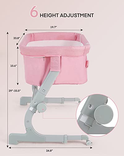 BAHOM Bassinet Bedside Sleeper, 2-in-1 Bedside Bassinet for Baby, Adjustable Height with Portable Infant Nest for Newborns, Mesh Walls Crib Bassinets (Pink)