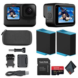 gopro hero10 black (hero 10) - waterproof action camera with front lcd and touch rear screens, 5k hd video, 23mp photos 64gb extreme pro card and extra battery (renewed)