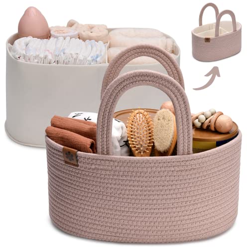 PeraBella 2-in-1 Baby Diaper Caddy Organizer for Changing Table, Cotton Rope Diaper Basket for Boy, Girl, Gift for Baby Shower, Nursery Diaper Organizer, Portable Diaper Storage, Car Caddy Organizer