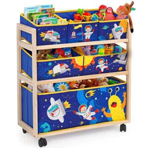 kids toy storage organizer with 6 oxford cloth bins and 4 wheels,wooden children storage rack,extra large capacity bookshelf bookcase display stands shelf multi cabinet for books toys