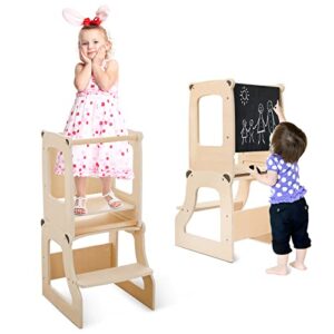toddler kitchen tower step stool helper with chalkboard safety rail | kids counter stool | wooden standing tower for toddlers to be mama’s kitchen helper