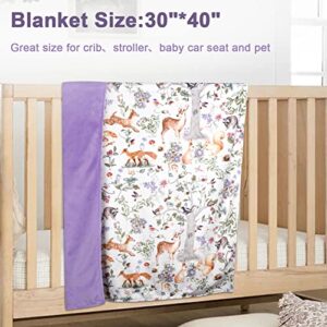 CARUILI Baby Blanket, Purple Fleece Baby Blankets for Boys Girls, Warm Soft Portable Toddler Minky Blanket with Woodland Animal Print, for Newborn Crib, Stroller, 30 x 40 Inch