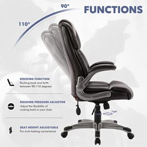 Leather Executive Office Chair- High Back Home Computer Desk Chair with Padded Flip-up Arms, Adjustable Tilt Lock, Swivel Rolling Ergonomic Chair for Adult Working Study-Brown