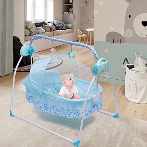 TFCFL Electric Baby Crib Cradle, 5-Speed Baby Bassinet Auto Rocking Chair Chair Bed with Remote Control Infant Musical Sleeping Basket for 0-18 Months Newborn Babies 25KG/55LBS Capacity (Blue)