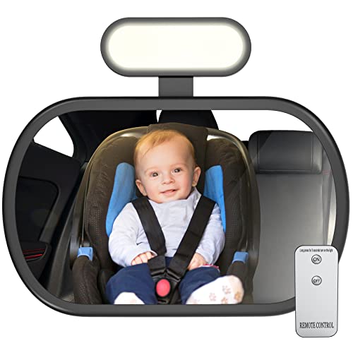 JoyDow Baby Car Mirror with Night Light, Safety Rear Facing Car Seat Mirror for Infant Newborn, Wide Crystal Clear View 360° Adjustable, Crash Tested & 100% Shatterproof