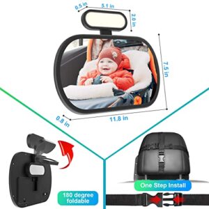 JoyDow Baby Car Mirror with Night Light, Safety Rear Facing Car Seat Mirror for Infant Newborn, Wide Crystal Clear View 360° Adjustable, Crash Tested & 100% Shatterproof