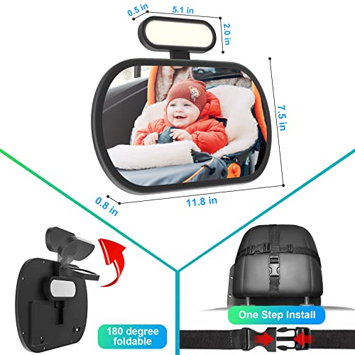 JoyDow Baby Car Mirror with Night Light, Safety Rear Facing Car Seat Mirror for Infant Newborn, Wide Crystal Clear View 360° Adjustable, Crash Tested & 100% Shatterproof