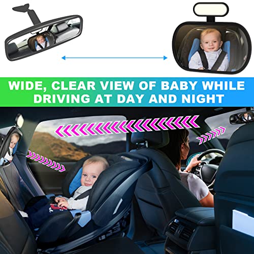 JoyDow Baby Car Mirror with Night Light, Safety Rear Facing Car Seat Mirror for Infant Newborn, Wide Crystal Clear View 360° Adjustable, Crash Tested & 100% Shatterproof