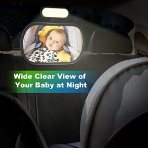 JoyDow Baby Car Mirror with Night Light, Safety Rear Facing Car Seat Mirror for Infant Newborn, Wide Crystal Clear View 360° Adjustable, Crash Tested & 100% Shatterproof