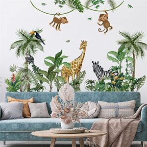 large size tropical palm green leaf plant animals jungle wall decals for kids room bedroom cute monkey zebra giraffe big vinyl self-adhesive wallpaper peel and stick woodland forest kindergarten decoration sticker removable diy nursery mural
